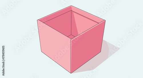 Empty pink cardboard box with an open top, shown from an isometric perspective, casting a soft shadow on a light blue background, perfect for gifts or storage.