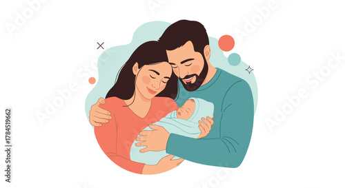 A heartwarming illustration of a loving family, featuring new parents tenderly embracing their newborn baby, symbolizing joy, care, and the precious bond of parenthood.