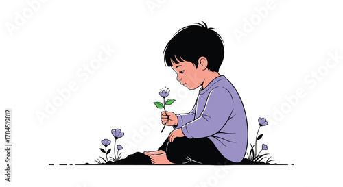 A cute little boy with dark hair and a light purple shirt sits barefoot on the earth, gently smelling a small purple flower, appreciating the simple beauty of nature.