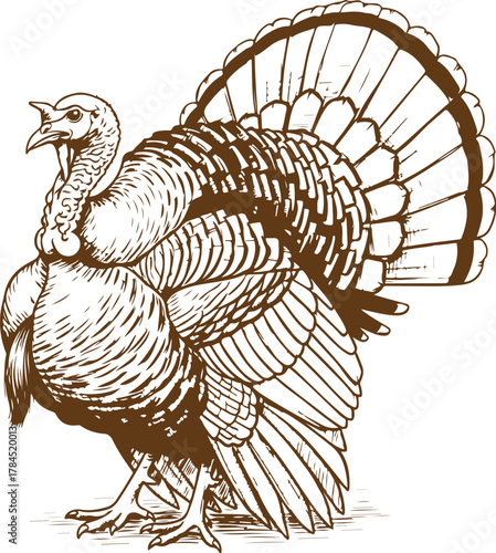 Detailed line drawing of a strutting turkey with fanned tail vector illustration