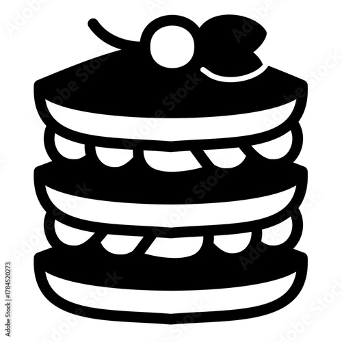 Puff pastry with cream and cherry solid icon, desert sweets concept. Vector graphics. Baked pancakes sign on white background, style icon mobile or web design.