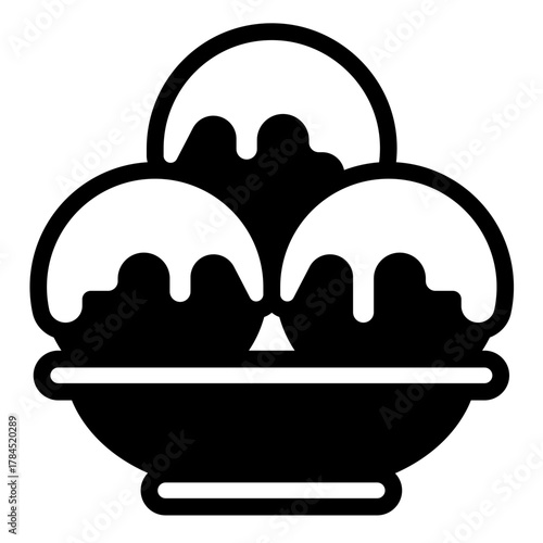 Three balls of delicious icecream solid icon, desert sweets concept. Vector graphics. Assorted ice cream in ceramic plate sign on white background, style icon mobile or web design.