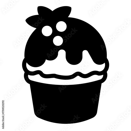 Ice cream with chocolate glaze and berries solid icon, desert sweets concept. Vector graphics. Icecream in waffle cup sign on white background, style icon mobile or web design.