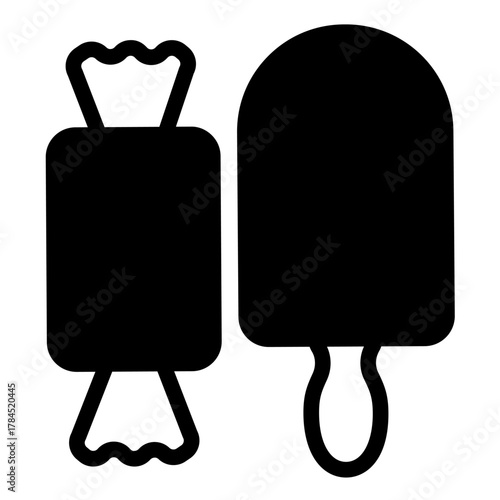 Ice cream on stick and chocolate candy solid icon, desert sweets concept. Vector graphics. Candy and icecream sign on white background, style icon mobile or web design.