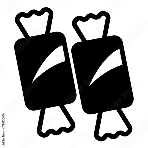 Two chocolate candies with sweet filling solid icon, desert sweets concept. Vector graphics. Candies in wrapping sign on white background, style icon mobile or web design.