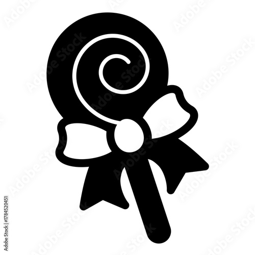 Lollipop candy with shape of twirl and bow solid icon, desert sweets concept. Vector graphics. Candy sign on white background, style icon mobile or web design.