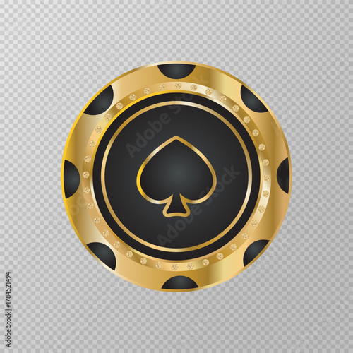 Gold and black  poker chips with diamonds on transparent background. Gambling token with suit for poker and casino. Spades. Design for advertising, games, casino,  posters. Vector illustration.