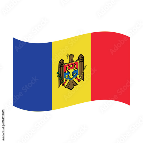 Moldova national waving flag with coat of arms, vertical tricolor