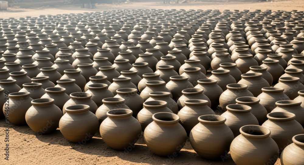 Obraz premium Rows of handmade clay pots drying in sunlit outdoor pottery workshop