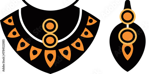 Illustration of a black and orange necklace with matching earring on a white background design style