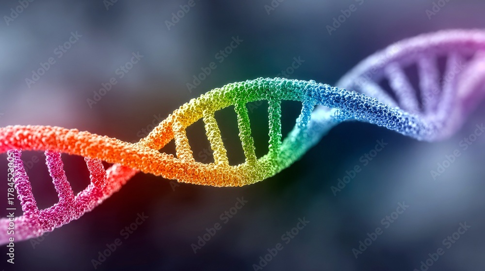 Fototapeta premium A close-up, detailed view of a DNA double helix, rendered in vibrant rainbow colors, against a softly blurred dark background.