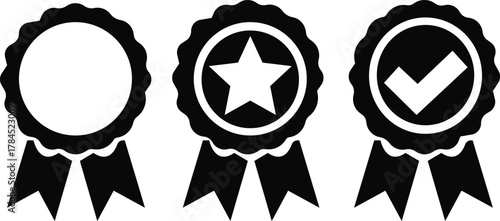 Badge ribbon icon set.Quality certify badge icon. Qualification certificate medal. Quality award ribbon sign set isolated on white background.Ribbon, Badges with star,Illustration.