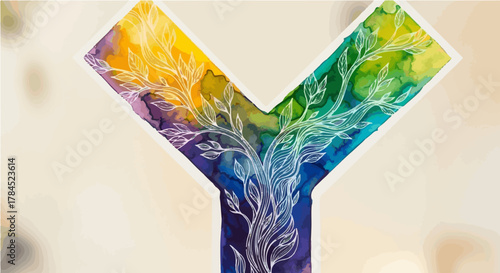 Vibrant watercolor y shape with white tree drawing, colorful gradient