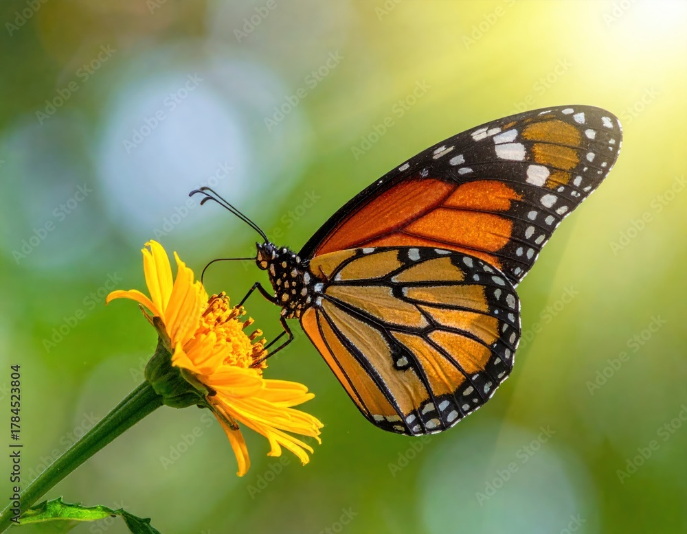Fototapeta premium Butterfly rests on yellow flower, basking in sunlight, with vibrant wings