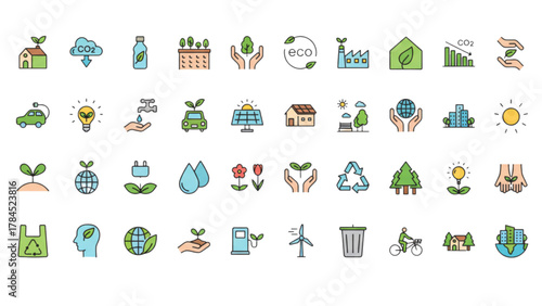 Eco friendly lifestyle and sustainability concept with green energy and environmental protection icons set design