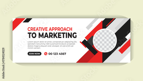 Elegant business Facebook timeline cover design template with vivid red elements, photo area and sleek white layout
