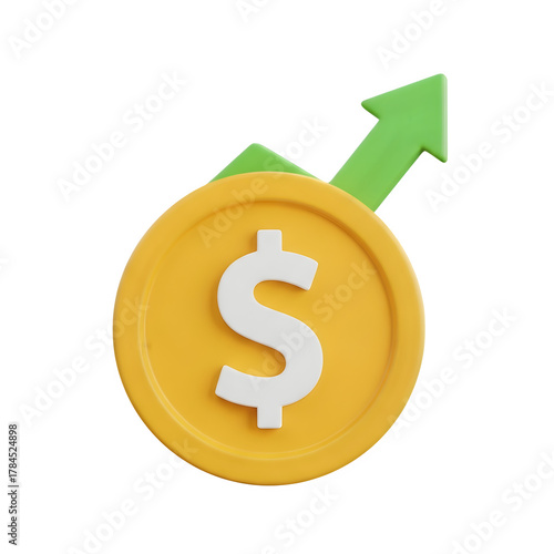 3d icon of gold coin with dollar sign and green arrow isolated on transparent background