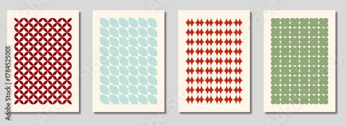A collection of minimalist posters with geometric backgrounds . The versatile vector patterns are perfect for posters,labels, blue red green shape geometry lines