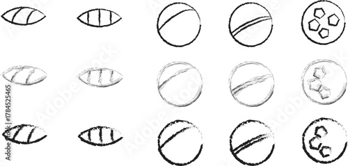 Hand-Drawn Collection of Sports Ball Icons Featuring Football, Rugby, and General Sphere Shapes in Sketch Style