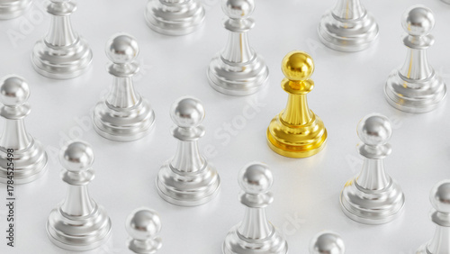 Golden Chess Pawn Amidst Silver Pawns Symbolizing Uniqueness & Leadership in Distinct Competitive Diversity