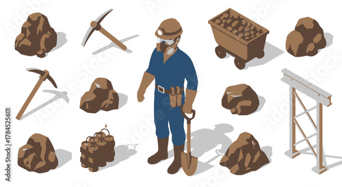 Isometric Construction Site Equipment Tunneling, Tools, and Safety Gear Illustration