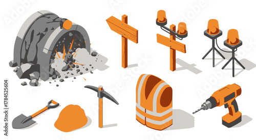 Construction Site Essentials Isometric Icons of Equipment, Safety Gear, and Signage for Industrial Projects