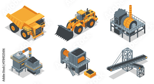 Isometric Mining Machinery Set Dump Truck, Wheel Loader, and Industrial Equipment