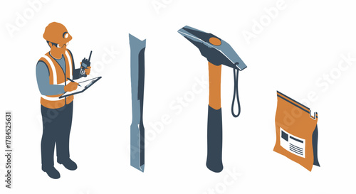 Construction worker with toolset vector image - Safety, Inspection, Hammer, Building