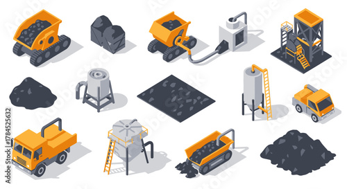Isometric Collection of Coal Mining Machinery Extracting Resources with Trucks, Conveyors, and Storage