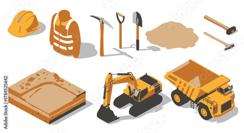 Isometric Construction Elements Excavator, Dump Truck, and Worker Gear Illustration