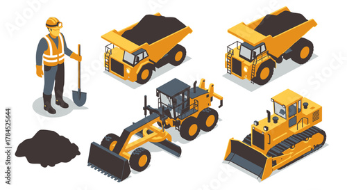 Isometric Construction Site Set Worker, Dump Trucks, Bulldozer and Grader, Illustration Design Elements