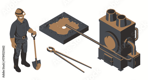 Industrial Smelting Worker Posing with Furnace, Mold, Tongs, and Shovel for Metal Casting