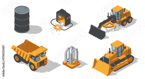 Isometric construction equipment collection showcasing a variety of vehicles and gear for building projects