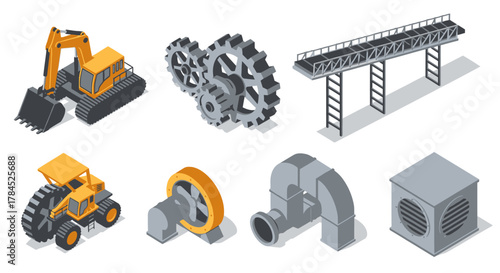 Isometric Industrial Machinery and Infrastructure Icons for Manufacturing and Construction