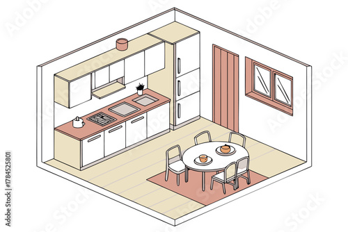 Isometric view of a modern kitchen interior with dining table and appliances