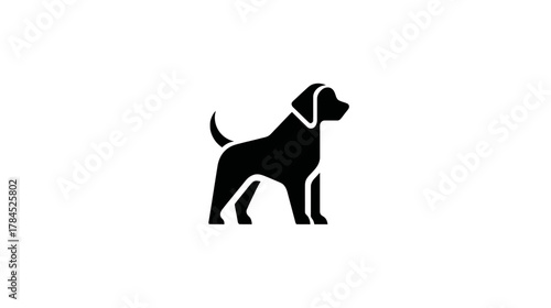 Black silhouette icon of a standing dog, isolated on white background, representing pet, canine, animal symbol or graphic.