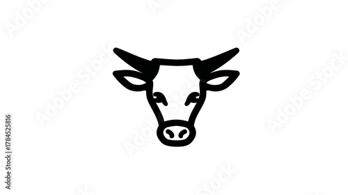 Minimalist Black Line Art Vector Icon Illustration of a Cow, Ox, or Bull Head with Horns, Simple Animal Farm Livestock Symbol