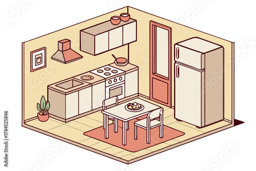 Isometric view of a compact kitchen with dining table, refrigerator and exhaust hood