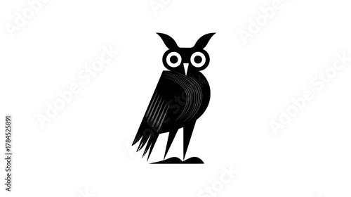 Modern minimalist geometric black and white owl illustration. Stylized wise nocturnal bird vector graphic design icon on white background.
