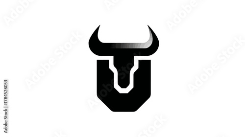 Stylized black bull head with powerful horns, minimalist graphic design representing strength, determination, and business concepts