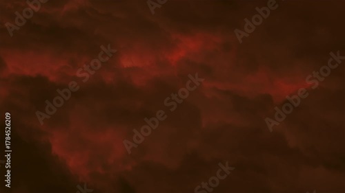 Looping Aerial View Of Blood Red Clouds With Flashes Of Light Below. Looping top-down view of burgundy clouds with red light flashes below creating atmosphere of fear war and inevitable catastrophe.