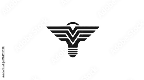 Creative stylized 'V' letter logo design with wings and lightbulb element. Concept of innovation, idea, speed, and victory.