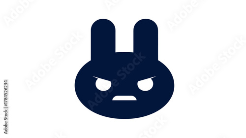 Dark blue angry bunny head icon illustration. Grumpy rabbit character symbol expressing negative emotion on white background.