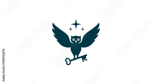 Mystical owl with spread wings clutching a vintage key, adorned with stars. Symbolizing knowledge, wisdom, success, and discovery.