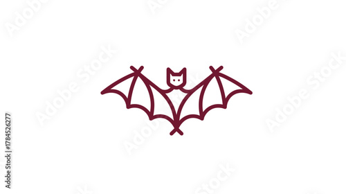 Minimalist bat line art icon illustration in flight. Simple outline drawing of a nocturnal flying mammal symbol, perfect for Halloween.