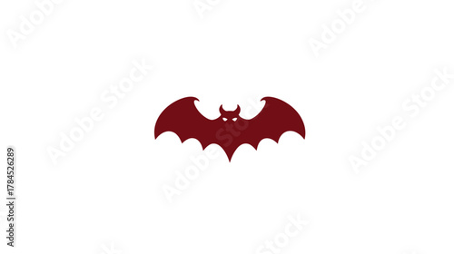 Stylized red bat silhouette with glowing eyes, abstract flying animal vector graphic on white background. Halloween spooky creature icon design.