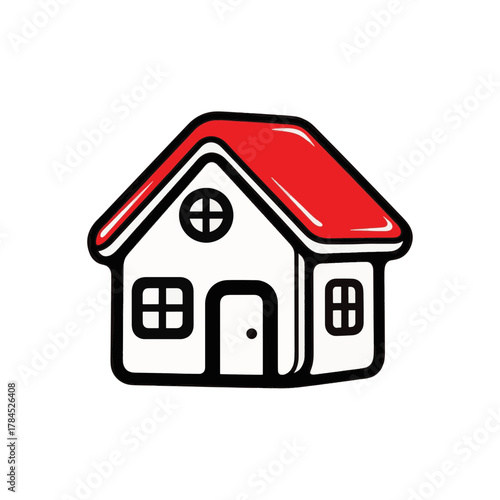 Simple cartoon house icon with a red roof. Vector illustration with a bold outline. Real estate and home symbol isolated on a transparent background.