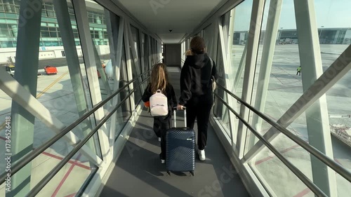 Travelers mom and daughter walking across the Jet Bridge at the airport before boarding. A woman and a girl tourists walk hand in hand with a suitcase, preparing for a plane trip. Rear view. 
