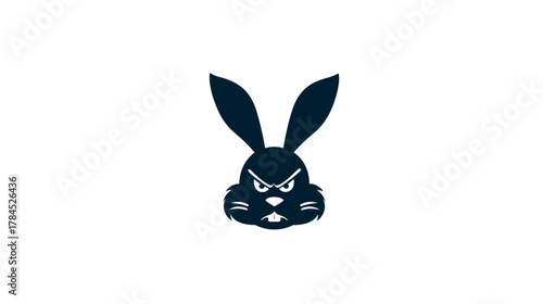 Angry rabbit head illustration with fierce expression. Stylized dark blue bunny graphic on white background, aggressive animal mascot.
