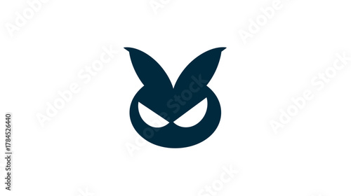 Mysterious dark stylized bunny head icon with angry glowing eyes on white background. Abstract vector graphic design element.
